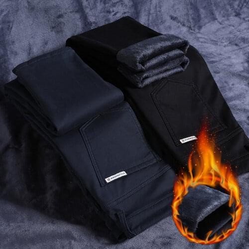 2020 Winter New Mens Warm Thick Casual Pants Business Fashion Black Blue Stretch Fleece Office Slim Trousers Male Brand