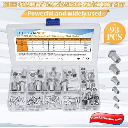 93pcs Zinc Plated Rivetnuts Blind Set Nutserts Threaded Insert Nutsert Cap Flat Head Rivet Nuts Carbon Steel M3 M4 M5 M6 M8 M10