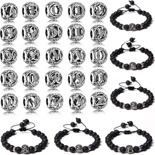 A-Z 26 Letters Natural Stone Braid Bracelet Vintage Black Lava Volcanic Beads Charm Couple Bracelet Men Women Friendship Jewelry