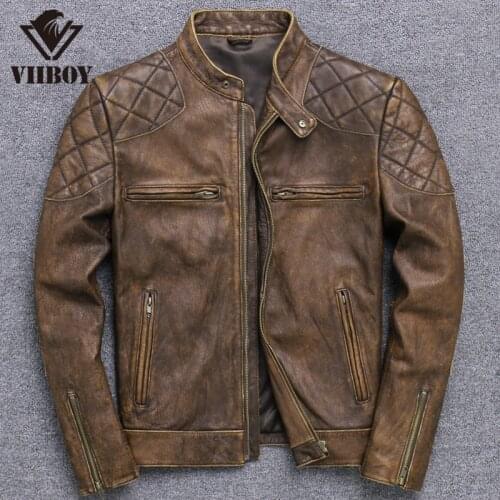 Free shipping.quality Vintage style Brand new rider genuine leather jacket.Men cool classic natural cowhide coat.Sales