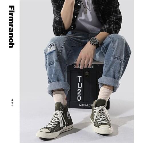 Firmranch Jeans for men 2021 Loose Ripped Jeans Ankle Length Hiphop Women Straight Big Pockets Blue Boys Denim Jeans trousers