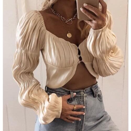 Elegant Lantern Sleeve Ruched Top Blouse Shirts 2021 Spring Fashion Off Shoulder Button Sexy Women Tops Shirt Blouses Clubwear