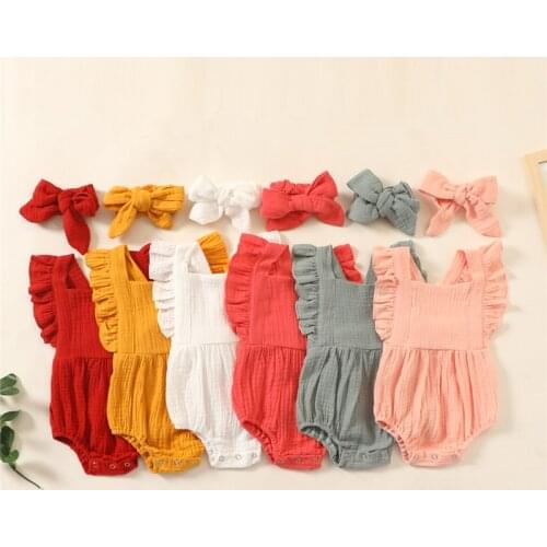 5 Colors Summer Newborn Infant Baby Girls Cotton Linen Rompers Ruffles Sleeveless Solid Jumpsuits Headband Clothes Outfits