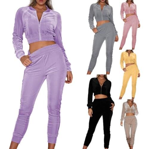 Hooded short top and wide-leg pants velvet suit suit velvet sportswear womens two-piece autumn and winter clothes long sleeves