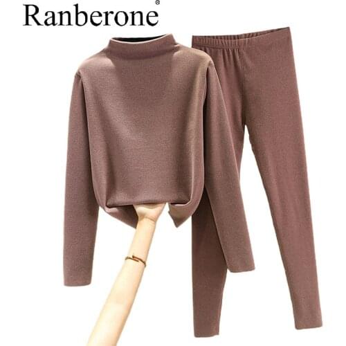 Ranberone 2 Piece Suit Women Winter Warm High Collar Sweater+Long Pants Tracksuit Wives Solid Fitness Sportswear Female Outswear