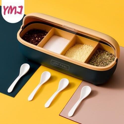 Kitchen Spice Condiment Box 4 cells Transparent Spices Seasoning Storage Container Case Drain Cutlery Box Knife Fork Organizer