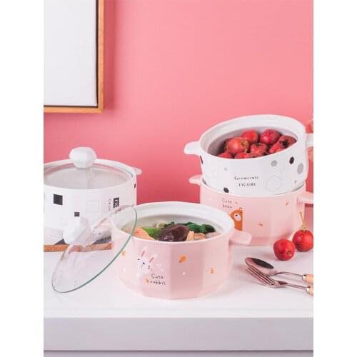 Cute ceramic noodles bowl large size double ears Japanese cartoon creative household dining soup rice salad tableware