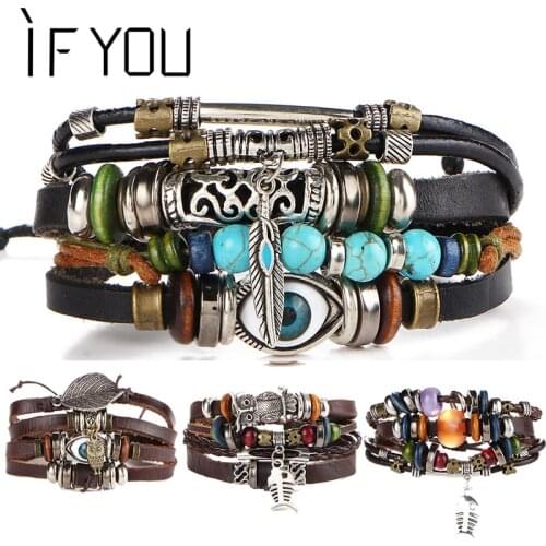IF YOU Puck Feather Multilayer Leather Bracelet Men Bohemia Charm Eye Fish Mens Bracelets 2019 Wrap Pulseira Gift Jewelry New