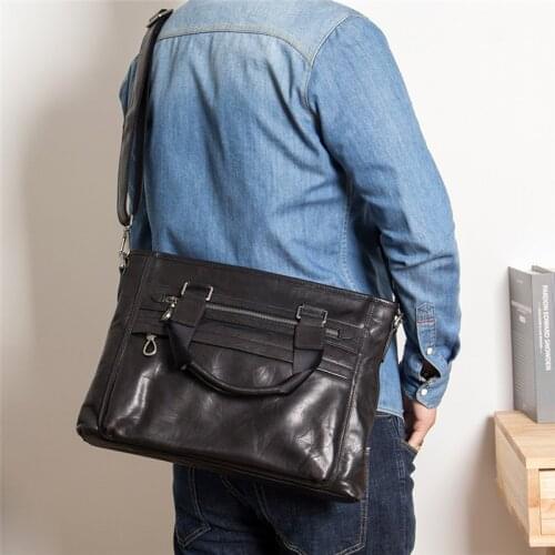 Fashionable genuine leather men computer handbag top layer cowhide single shoulder messenger large capacity business briefcase