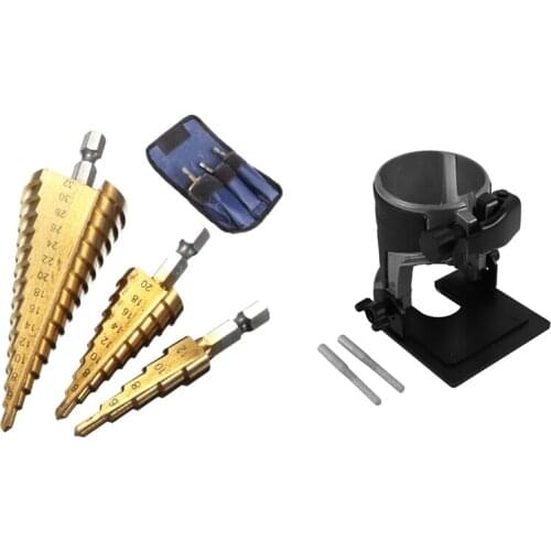 1set Adjustable Balance Trimmer Base Shield Wood Work Shank Trim Router Edge Molding Metal & 3Pc Step Drill Bit Set
