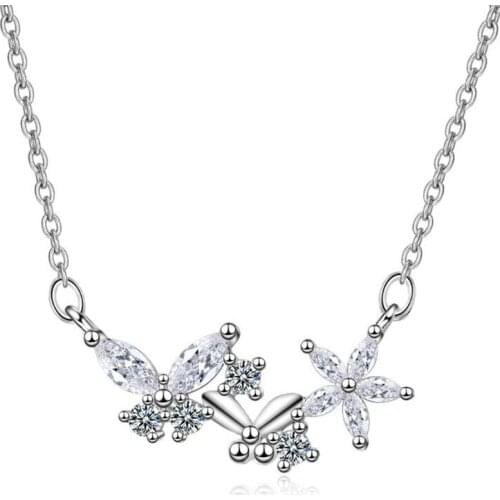 New Simple Fashion Exquisite Beautiful Butterfly 925 Sterling Silver Jewelry Temperament Flower Crystal Pendant Necklaces H422