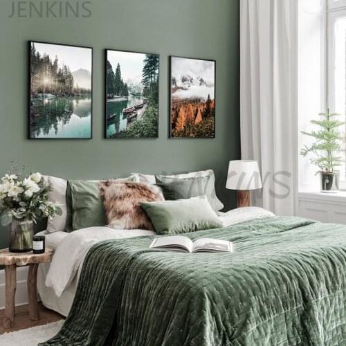 Nature Landscape Art Mountain Lake Boat Scandinavian Picture Room Decoration Canvas Poster Nordic Forest Sunshine Print Painting