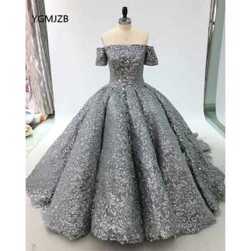 Luxury Glitter Wedding Dress Ball Gown 2019 Off Shoulder Sleeves Puffy Skirt Long Train Arabic Bridal Dress Vestidos De Noiva