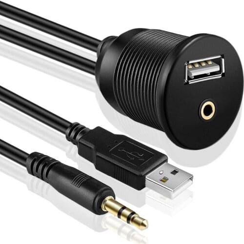 USB AUX Flush Mount Cable - Dashboard Panel Dash Mount USB + 3.5mm AUX 1/8" Audio Jack Port Socket Plug 6 feet