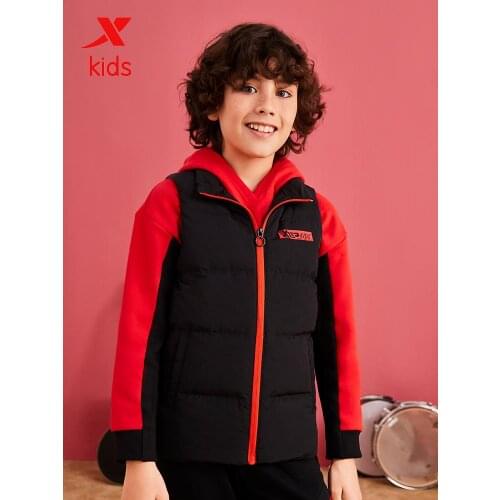 Xtep Boy Casual Down Jacket Vest Winter Warm Cotton Vest Kids Fashion Pockets Sleeveless Thicken Coat Black Red 881425A49263