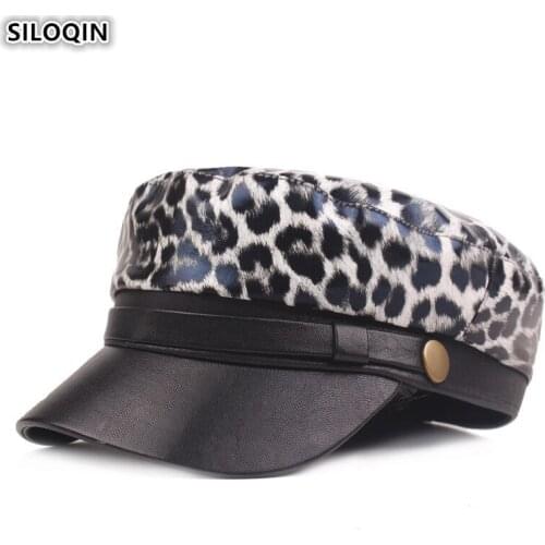 SILOQIN Elegant Women Flat Cap PU Leather Army Military Hats Womens Leopard Print Hat Fashion Trend Brands Cap Snapback Caps