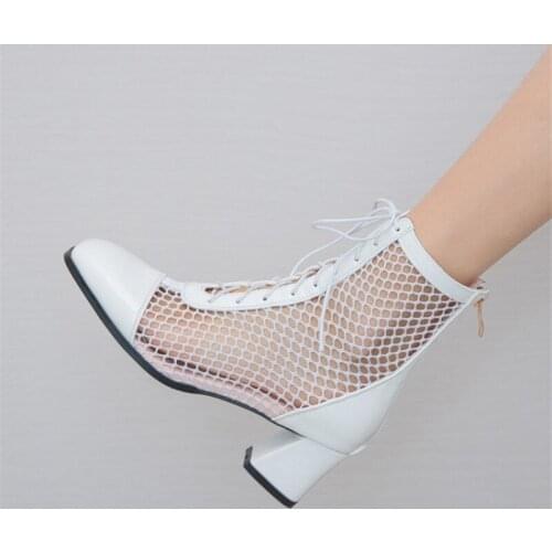 PXELENA Plus Size 34-43 Punk Rock Gothic Women Gladiator Sandals Mesh Ankle Boots Lace Up Chunky Block High Heels Summer Shoes