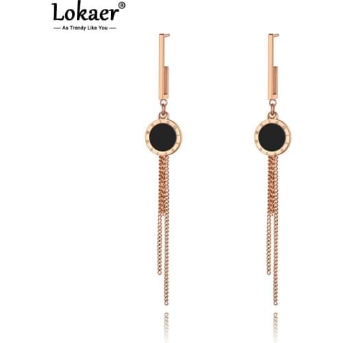 Lokaer Titanium Stainless Steel Black Acrylic Roman Numerals Tassel Earrings Trendy Chain Dangle Earrings For Women Girls E19255