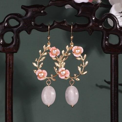 FARLENA Jewelry Handmade Natural stone Freshwater Pearl Earrings for Women Chinese Style Ethnic Pink Crystal Shell Earrings