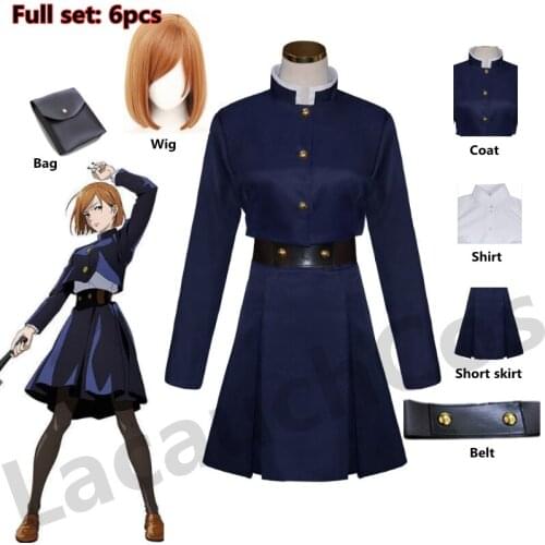 New Jujutsu Kaisen Cosplay Costume Kugisaki Nobara Wig Waist Bag Top Skirt Coat Halloween Women Uniform Waist Arms Bag Full Set