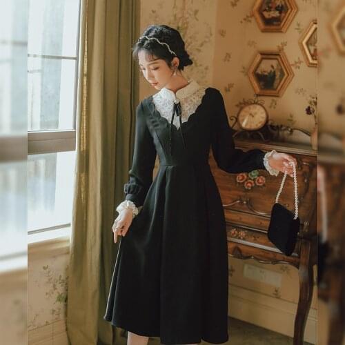 Womens Lace Stitching Trumpet Sleeve Autumn Elegant Retro Dress Ladies Bow Knot Pin Cute Chic Mid-length Dresses