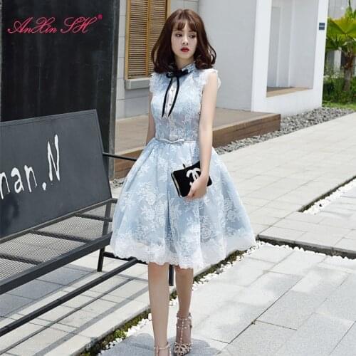 AnXin SH princess blue lace flower evening dress Party black bow Korean student graduation princess blue short evening dress