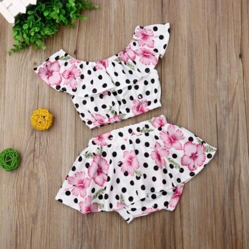 2021 Baby Summer Clothing Infant Kids Baby Girls 0-3T 2Pcs Floral Dots Clothes Set Ruffled Crops Top Skirts Shorts Sunsuits