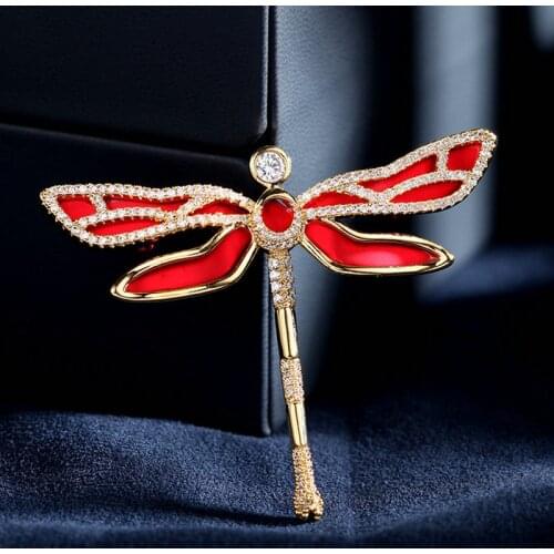 2021 new luxury jewelry lady cubic zircon red dragonfly insect brooches girl brooch pin