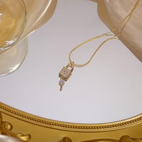 14k Real Gold Shiny Micro Inlaid AAA Cubic Zirconia Lock Key Necklace Ladies Pendant Birthday Gift Bridal Jewelry