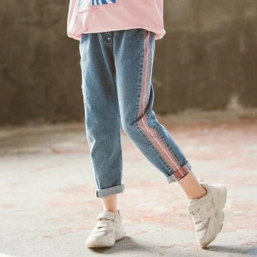 New Girls Clothing Spring Kids Jeans Denim Trousers Children Cowboy Pants Striped Side Jeans For Girls 4 7 8 9 10 11 14Years