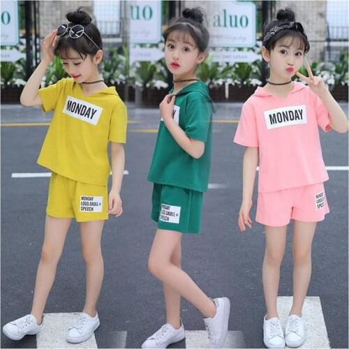 Fashion Summer 2021 Baby Girls Clothing Sets Hooded Kids Girl Clothes Short Sweatshirt + Pants Children Outfits 5 7 9 10 12 Year