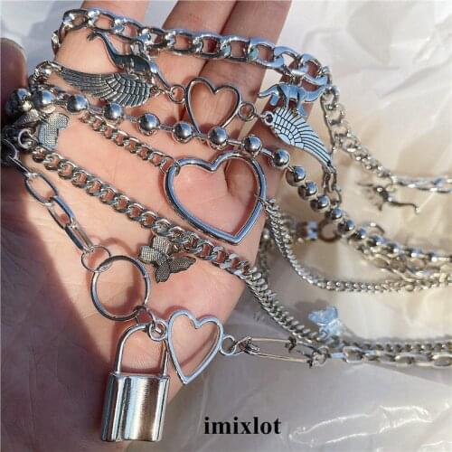 2021 Kpop Punk Vintage Goth Hollow Heart Feather Pendant Metal Chains Choker Necklace For Women Egirl Harajuku Aesthetic Jewelry