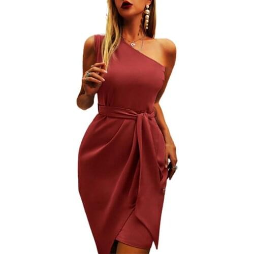 Summer Women Dress Fashion Solid Color Slim Summer Slash Shoulder Sleeveless Belt Dress Wedding Slash Shoulder Backless Dress