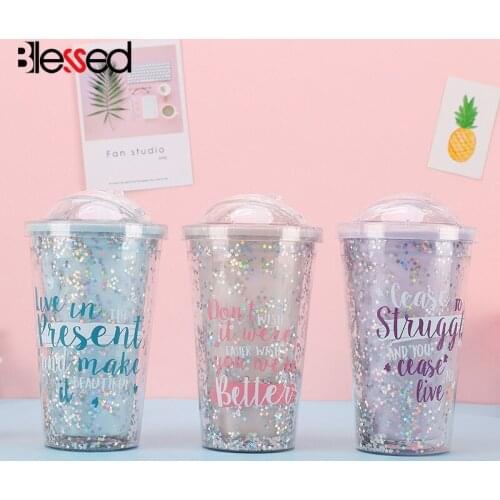 420ML Reusable Drinking Cup Star Sequin Straw Cup With Lid Double-layer Plastic Transparent Tea Coffee Mugs Outdoor Sport Bottle