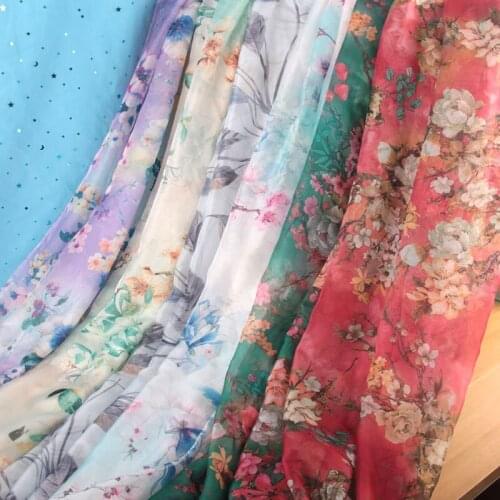 Soft Lightweight Floral Printed Silky Chiffon Fabric Tulle Gauze Fabric For Dress,Scarf,Black,Blue,Red,Pink,Beige,by the meter