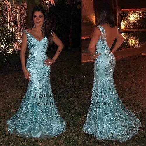 New Arrival Cheap Mermaid Prom Dresses Sexy V Neck Lace Applique Backless Floor Length Evening Gowns Dresses Party Wear Vestidos