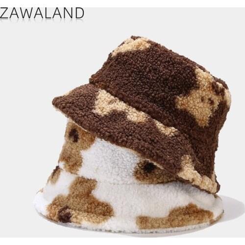 Zawaland Autumn Winter Warm Bucket Hats Cartoon Graffiti Basin Caps Lambswool Windproof Hip Hop Hats Women Men Casual Cap Decor