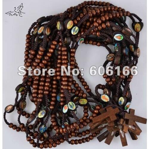 24x Deep Brown Holy Icon Wooden Rosary Beads Necklace Jesus Cross Pendant Necklaces Wood Religious Cross Jewelry