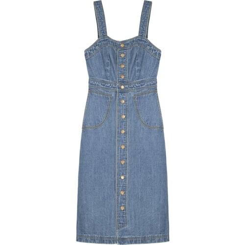 PERHAPS U Blue Denim Button Strap Sleeveless Button Sheath Button Midi Dress Summer D0553