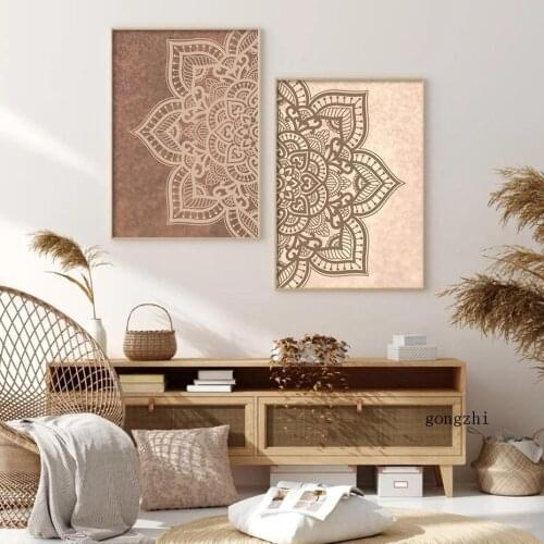 Boho Beige Taupe Mandala Yoga Poster Flower Pattern Canvas Painting Prints Wall Art Picture for Living Room Home Interior Decor