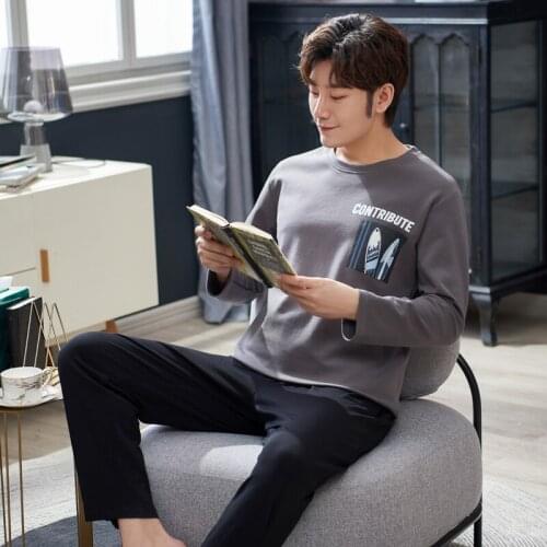 PURECotton Pullover Long Sleeve Trousers Pajama a Sets Winter Boy Man Jammies O-Neck Home Casual Sleepwear Nightwear Pyjamas cke