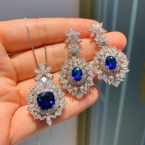 QTT Luxury Silver 925 Bridal Jewelry Set Blue Zircon Crystal For Women Earrings6*8 Necklace9*9 Set Wedding Anniversary Gift 2021