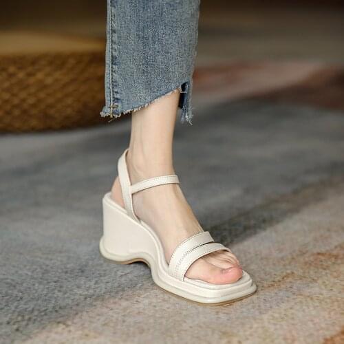 Trifle High-heeled Wedge Sandals Womens 2021 New Summer Mid-heel Roman Thick-soled Fairy Style Buckle wWomens Shoes