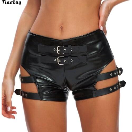 TiaoBug Women Sexy Patent Leather Strappy Booty Shorts Ladies Party Nightclub Performance Hot Pants Clubwear