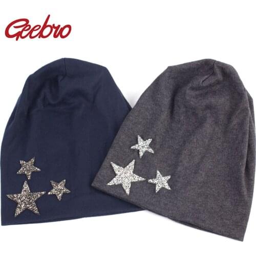 Geebro Brand Womens Star Beanie Hat Autumn Casual Warm Cotton Slouchy Beanies For Women Knitted Solid Black Skullies Cap