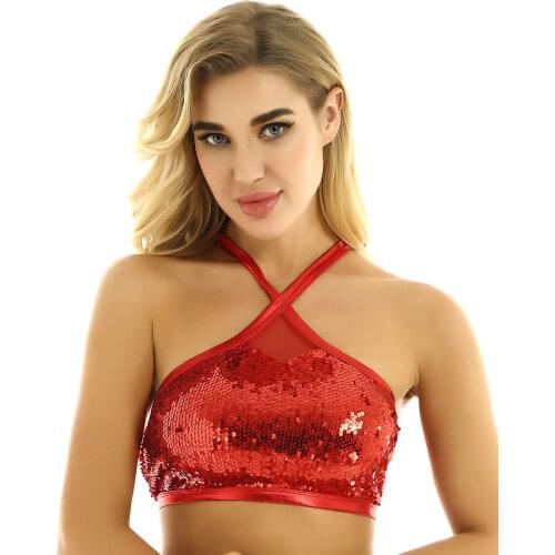 Women Sparkly Sequins Halter Sleeveless Crop Top Nightclub Party Festival Rave Stage Performance Pole Dance Costume Sexy Tops