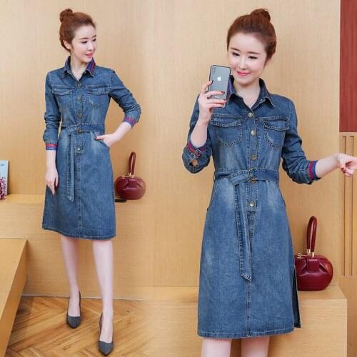 New Spring Autumn Women Dresses Plus Size Turn-Down Collar Solid Collect Waist Sashes Slim Jeans Dress For Women Denim One-Piece