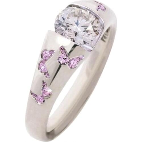 Womens Ring Pink Butterfly Flower Pattern Alloy Cubic Zirconia Ring 2021 New Metal Crystal Inlaid Wedding Jewelry Accessories