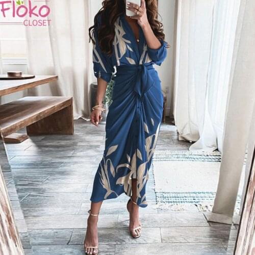 Flokocloset Office Lady Casual Sashes A-Line Dress Women Long Sleeve Autumn Printed OL Maxi Party Dress Vestidos