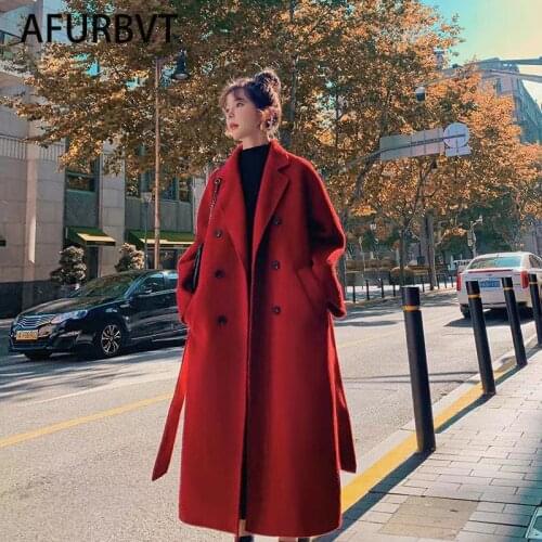 Korea Women Spring Autumn Black Loose Long Wool Coat Jacket Belt Woolen Overcoat Split Hem Cardigan Outerwear 3XL